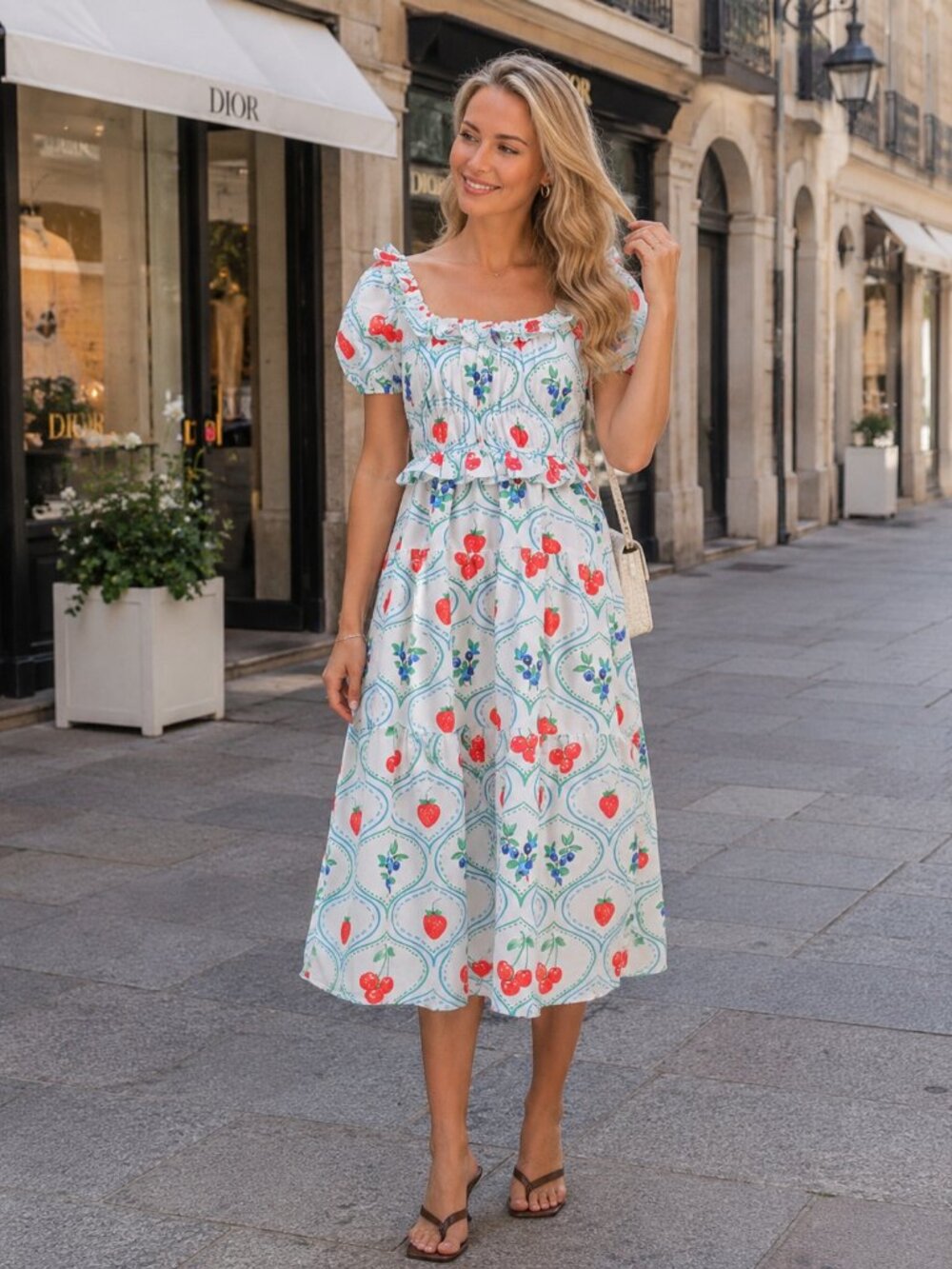 US Together Fruit Print Puff Sleeve Midi Dress